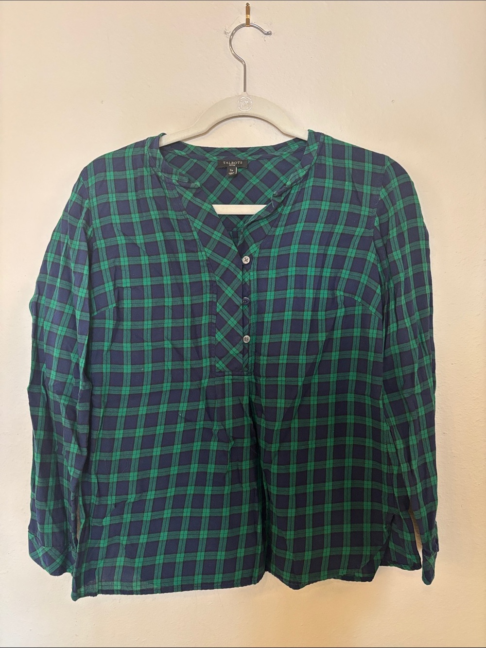 Talbots Navy and Green Plaid Button-Front Shirt